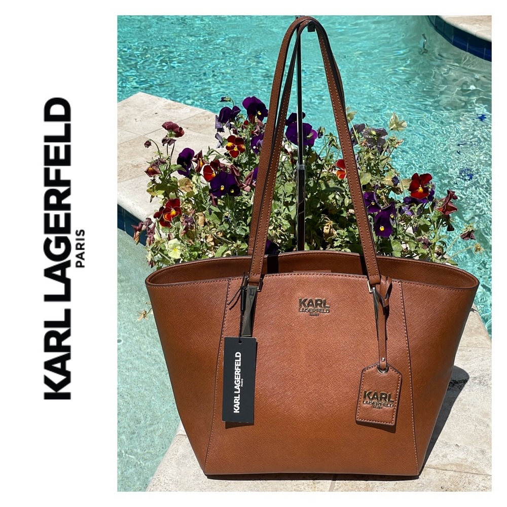 Karl Lagerfeld PARIS Large Leather Tote in Saddle SN L-Suk/LH5A1009. NWT